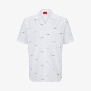 NWT HUGO White Short-Sleeve Button-Down with Subtle Script Print